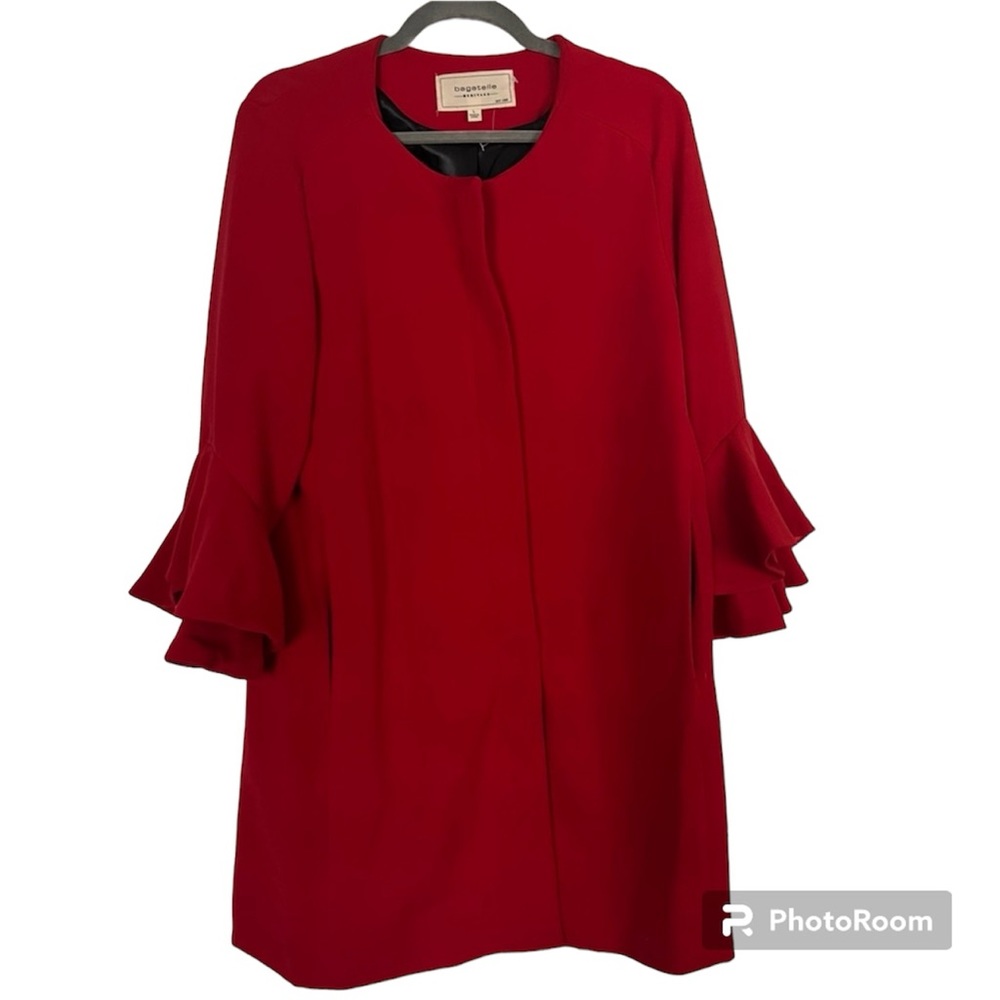 Bagatelle Red Ruffle Flounce Sleeve Full Zip Long Topcoat Overcoat Coat